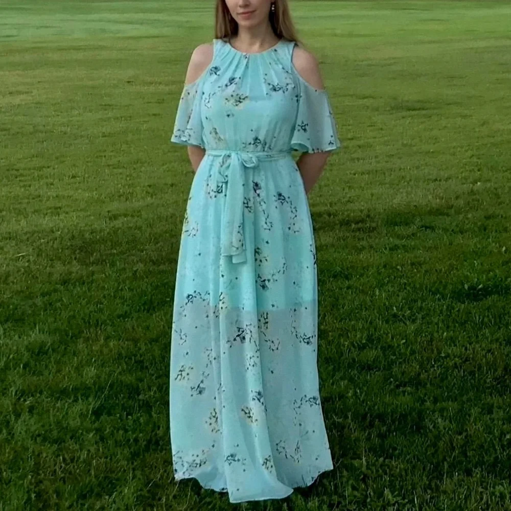 Calvin Klein 6 Maxi Dress Aqua Blue Asian Floral Cold Shoulder Chiffon Flowy - Picture 13 of 13